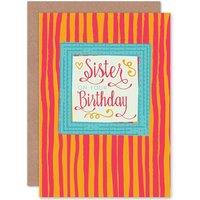 Artery8 Birthday Happy Sister Striped Retro Stamp Design Greetings Card in Orange