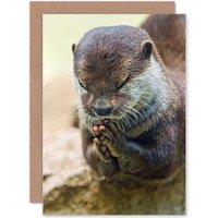 Artery8 Birthday Animal Cute Otter Praying Greetings Card in Brown
