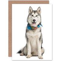Artery8 Animal Dog Husky Necktie Cute Greetings Card in White
