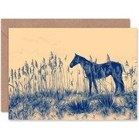Artery8 Painting Landscape Animal Evry Horse Field Grass Greeting Card in Blue