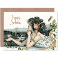 Artery8 Vintage Art Nouveau With Robin Bird In Hand Greeting Card