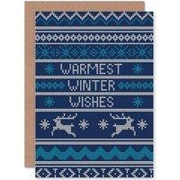 Artery8 Warmest Winter Wishes Christmas Xmas Jumper Greetings Card in Blue