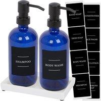 Harbour Housewares 2pc Glass Soap Dispenser Set with Ceramic Tray & Labels - 500ml - Black in Blue