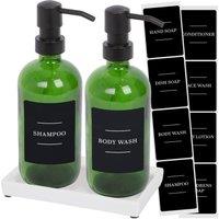 Harbour Housewares 2pc Glass Soap Dispenser Set with Ceramic Tray & Labels - 500ml - Black