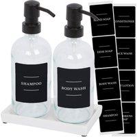 Harbour Housewares 2pc Glass Soap Dispenser Set with Ceramic Tray & Labels - 500ml - Black in Clear