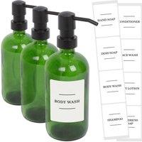 Harbour Housewares Glass Soap Dispensers with Labels - 500ml - White - Pack of 3 in Green