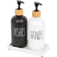 Harbour Housewares 2pc Glass Hand & Dish Soap Dispenser Set with Ceramic Tray - 500ml - White/Black in White