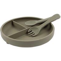 Tiny Dining Silicone Suction Plate, Fork & Spoon Set - Silicone Baby Feeding Set in Khaki
