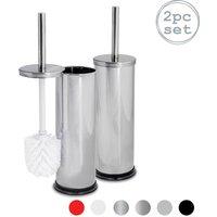 Harbour Housewares 2x Round Toilet Brushes with Holder - Non Slip Cleaning Brush Set in Silver