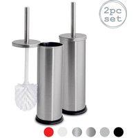Harbour Housewares 2x Round Toilet Brushes with Holder - Non Slip Cleaning Brush Set in Metallic Silver