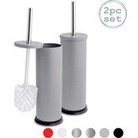 Harbour Housewares 2x Round Toilet Brushes with Holder - Non Slip Cleaning Brush Set in Grey