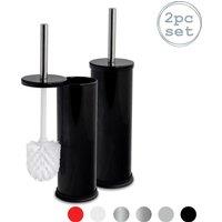 Harbour Housewares 2x Round Toilet Brushes with Holder - Non Slip Cleaning Brush Set in Jet Black