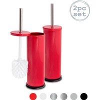 Harbour Housewares 2x Round Toilet Brushes with Holder - Non Slip Cleaning Brush Set in Red