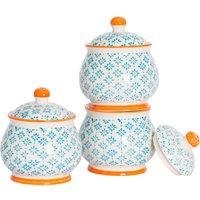 Nicola Spring Patterned Sugar Bowls with Lid - Blue - 3x Kitchen Storage Jar Sugar Pot