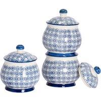 Nicola Spring Patterned Sugar Bowls with Lid - Blue - 3x Kitchen Storage Jar Sugar Pot in Navy