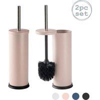 Harbour Housewares 2x Round Toilet Brushes with Holder - Non Slip Cleaning Brush Set in Pink