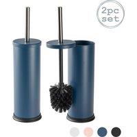 Harbour Housewares 2x Round Toilet Brushes with Holder - Non Slip Cleaning Brush Set in Blue