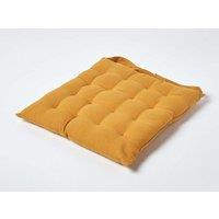 Homescapes Seat Pad Luxury 100% Cotton Indoor Outdoor Garden Cushion, Button Tie, 40cm in Mustard
