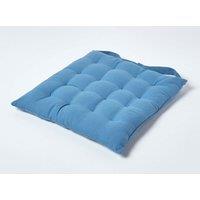 Homescapes Seat Pad Luxury 100% Cotton Indoor Outdoor Garden Cushion, Button Tie, 40cm in Blue