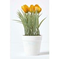 Homescapes Artificial Tulips in White Decorative Pot, 22 cm Tall in Yellow