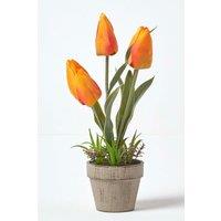 Homescapes Artificial Tulips in Grey Decorative Stone Pot, 27 cm in Orange
