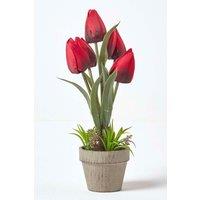 Homescapes Artificial Tulips in Grey Decorative Stone Pot, 27 cm in Red