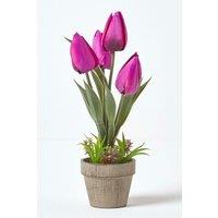 Homescapes Artificial Tulips in Grey Decorative Stone Pot, 27 cm in Purple