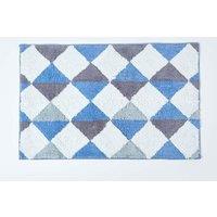 Homescapes Harlequin Pattern Yellow & Grey Cotton Bath Mat in Blue