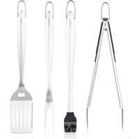 Tower 4 Piece BBQ Tool Set with Hanging Loop, Including Spatula, Fork, Tongs & Basting Brush, Stainless Steel in Metallics