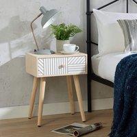 Home Source Bedside Table 1 Drawer Carving Design Pine Scandi Wooden Legs Bedroom in White