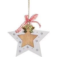 Shatchi Christmas Tree Ornaments Wooden Aesthetic Hanging Decorations set of 6 pcs with Ribbons & Bells Xmas DIY Holiday in White