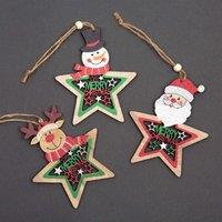Shatchi Christmas Tree Ornaments Wooden Aesthetic Hanging Decorations Painted Stars 3Pcs