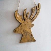 Shatchi 26cm Golden Christmas Wooden Hanging Deer Wall Decoration Xmas Home Office Holiday Decorative Centrepiece in Brown