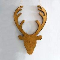 Shatchi 26cm Golden Christmas Wooden Hanging Deer Head Wall Decoration Xmas Home Office Holiday Decorative Centrepiece in Gold