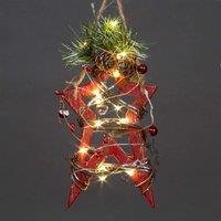 Shatchi 20cm Red Wooden LED Star Hanging Ornament Christmas Holiday Home dcor with 15 Warm white LEDs