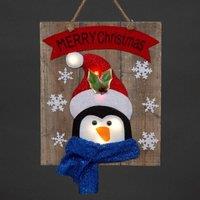 Shatchi Christmas Home Decoration Battery Operated Novelty Penguin Wooden Frame Wall Decoration with 6 Small Warm White Bulbs in Blue