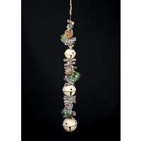 Shatchi Hanging Decoration with Jingle Bells Wooden Sticks, Berries & Pinecones Christmas Home Wall Door 90cm Cream in Gold