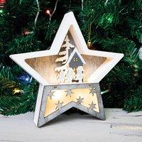 mysmartbuy Battery Powered Wooden Light Up Christmas Star Festive Scene Ornament - Snowman Carving Xmas LED Decoration - H19 x W19 x D3.5cm in White