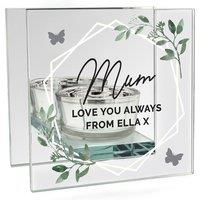 Personalised Memento Company Personalised Botanical Mirrored Glass Tea Light Candle Holder in Metallic Silver