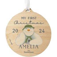 Personalised Memento Company Personalised The Snowman My First Christmas Round Wooden Decoration in Brown