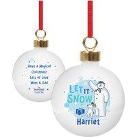 Personalised Memento Company Personalised The Snowman & the Snowdog Blue Bauble in White