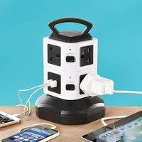 Bergstrom Tower Extension Lead with 7 Sockets & 2 USB Ports, Surge Protected in White