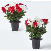 Homescapes Set of 2 Red & White Roses & Lilies Artificial Flowers in Grave Vases