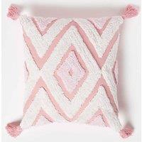 Homescapes Geometric Ikat Tufted Cotton Cushion with Tassels in White | Size: 45 cm x 45 cm