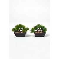 Homescapes Set of 2 Artificial Bonsai Trees in Decorative Pots, 15 cm Tall in Green