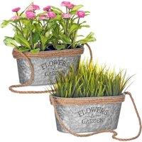 LIVIVO Zinc Hanging Plant Pot Set of 2 Metal Plant Pots with Hessian Rope Indoor Outdoor Planter Rustic Design in Silver