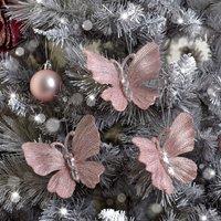Melody Maison Set Of 3 Pink Glitter Jewelled Butterfly Christmas Decorations - 10cm