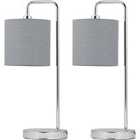 First Choice Lighting Set of 2 Chrome Arched Table Lamps with Grey Cotton Shades in Silver