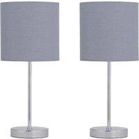 First Choice Lighting Set of 2 Chrome Stick Table Lamps with Grey Cotton Shades in Silver