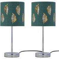 First Choice Lighting Set of 2 Chrome Stick Table Lamps with Dark Green Fern Cut Out Shades in Silver